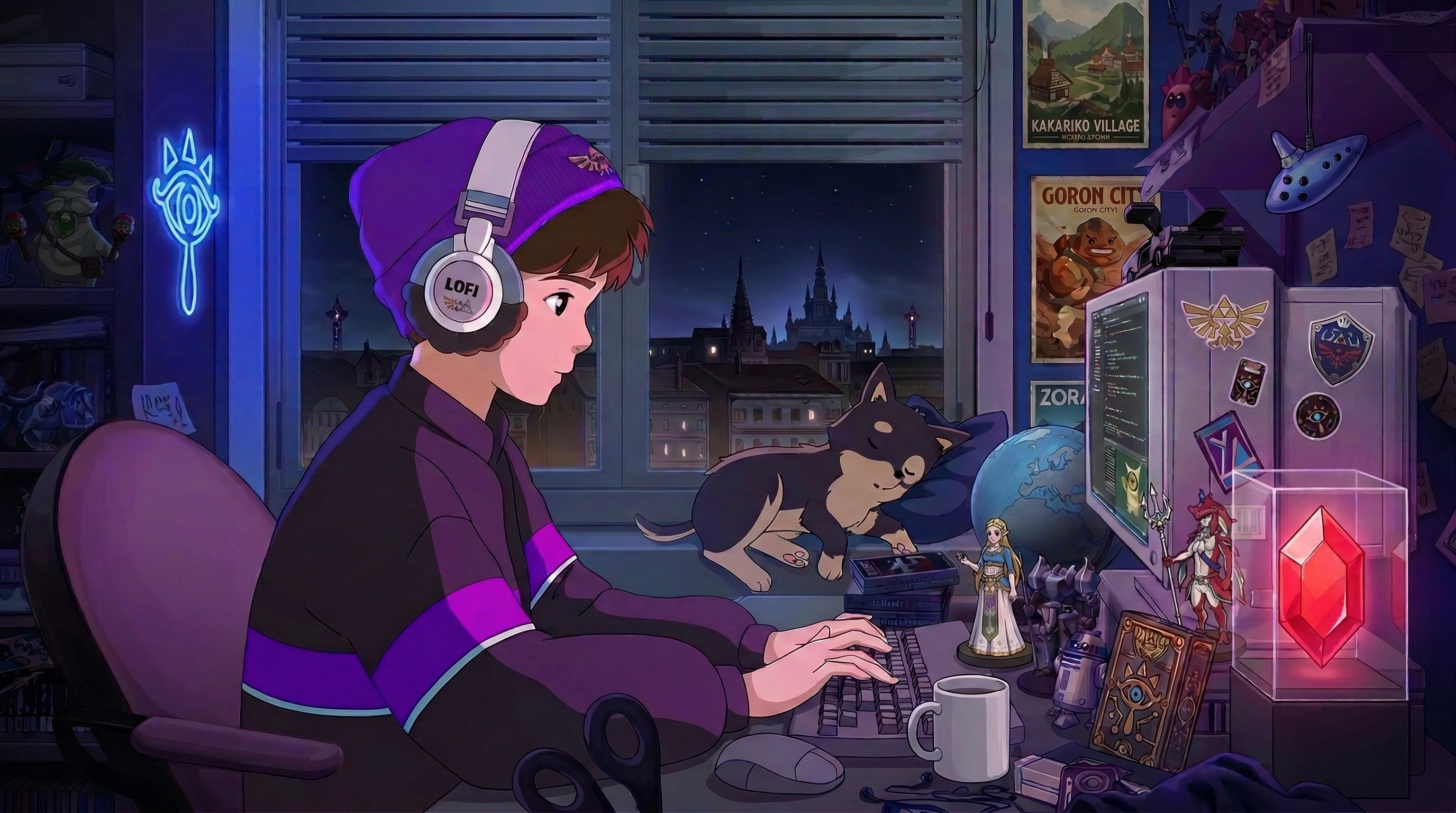 Zelda-themed Lofi Girl studying at her desk with headphones, surrounded by Zelda memorabilia